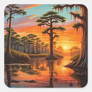 Een prachtige zonsondergang beneden op de Bayou Vierkante Sticker