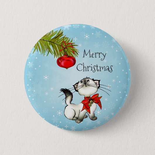 Een prettig kerstKat met een rode poep Ronde Button 5,7 Cm (Voorkant)