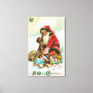 Een prettige kerstkerstman die speelgoed pakt in z canvas afdruk