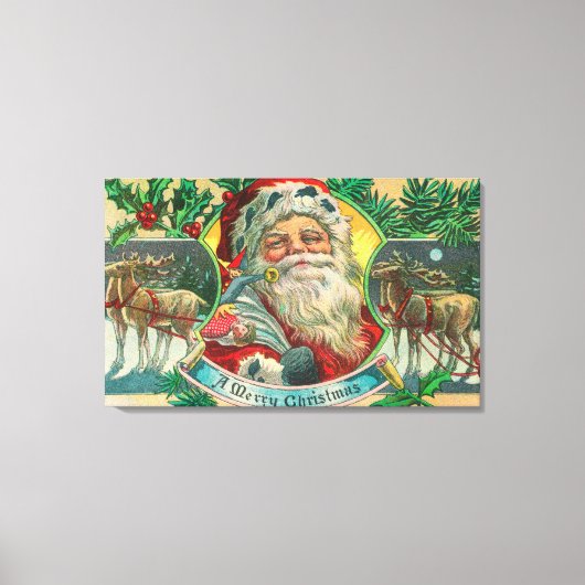 Een prettige kerstman en rendierscène canvas afdruk (Voorkant)