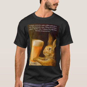 Een priester, een minster en een konijn lopen in e t-shirt