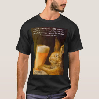 Een priester, een minster en een konijn lopen in e t-shirt