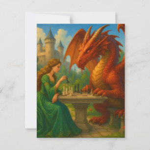 Een prinses die schaak speelt met een drakenfantas notitiekaartje