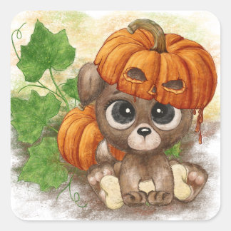Een puppy in een pompoen pet vierkante sticker