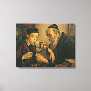 Een rabbijn die de Phylacteries aan de arm van een Canvas Afdruk