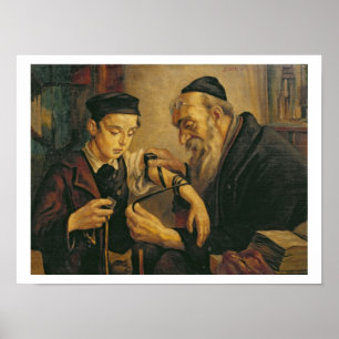 Een rabbijn die de Phylacteries aan de arm van een Poster