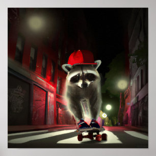 Een raccoon skater die 's nachts op straat skatebo poster