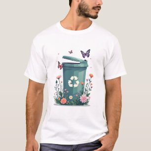 Een recyclingbak omringd door vlinders en bloed t-shirt