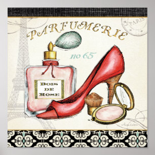Een Red Shoe, een fles parfum en blush Powder Poster