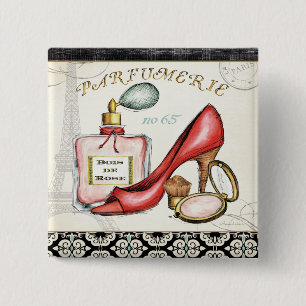 Een Red Shoe, een fles parfum en blush Powder Vierkante Button 5,1 Cm