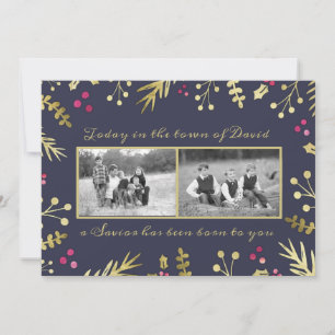 Een redder is geboren uit een religieuze kerstfoto feestdagenkaart