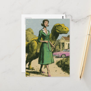 Een retro dame loopt met haar huisdier groene dino briefkaart