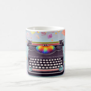 Een retro-stijl schrijfmachine in het midden, met koffiemok