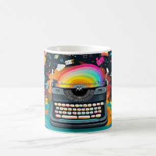 Een retro-stijl schrijfmachine in het midden, met  koffiemok