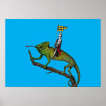 Een ridder die een kameleon in kleuren berijdt