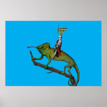 Een ridder die een kameleon in kleuren berijdt