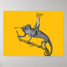 Een ridder die op een kameleon rijdt