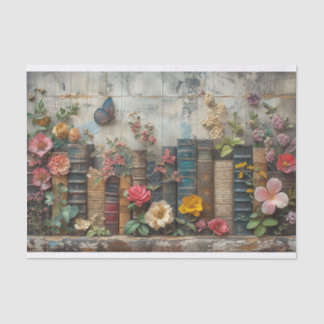 Een rij boeken met bloemen tissuepapier
