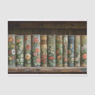 Een rij oude boeken met verfraaide bloemen tissuepapier