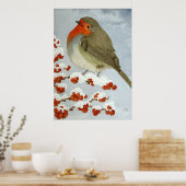 Een Robin en bessen in de sneeuw Poster (Keuken)