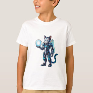 Een robotkat met futuristisch pantser, t-shirt