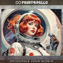 Een rode astronaute vrouw op weg naar de maan in d tissuepapier