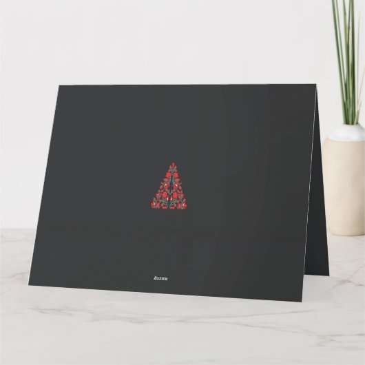 Een rode en beige sjaal met een afbeelding van een bedankkaart (Achterkant)