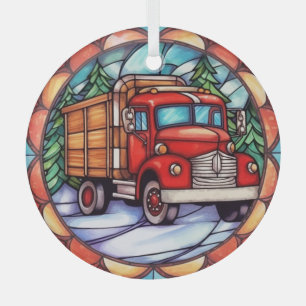 Een rode kerstwagen Glas in lood Glas Ornament