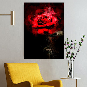 Eén rode roos aquarel op zwarte achtergrond poster