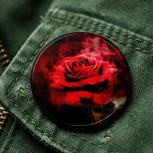 Eén rode roos aquarel op zwarte achtergrond ronde button 6,0 cm