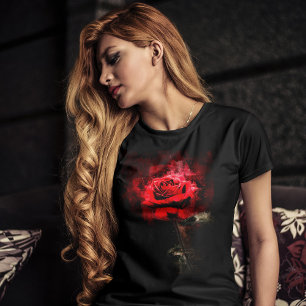 Eén rode roos aquarel op zwarte achtergrond t-shirt