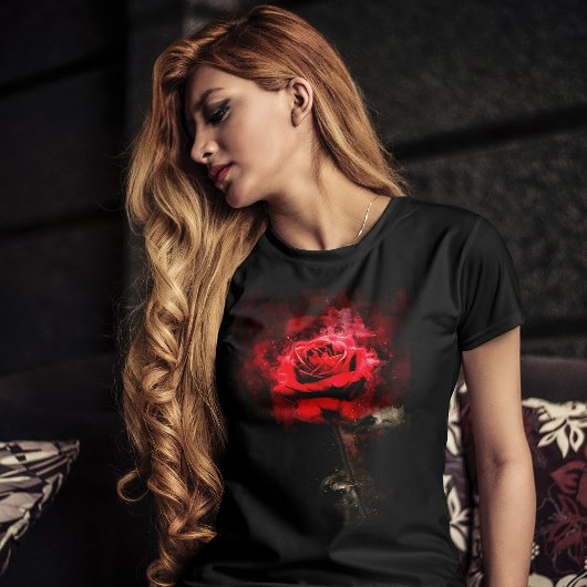 Eén rode roos aquarel op zwarte achtergrond t-shirt
