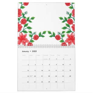 Een rode roos met gedetailleerde bloemblaadjes, af kalender