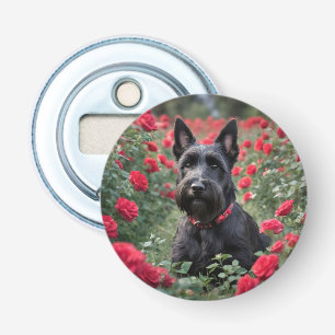 Een rode roos voor de zwarte Schotse terriër Button Flesopener