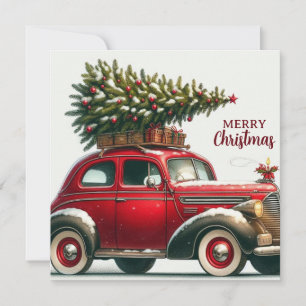 Een rode vintage kerstauto met een kerstboom feestdagenkaart