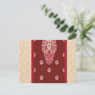 Een rood en beige tapijt met een rode rand briefkaart