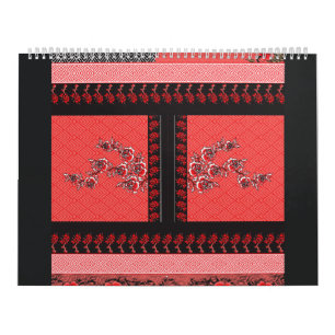 Een rood en zwart patroon met bloemen erop kalender