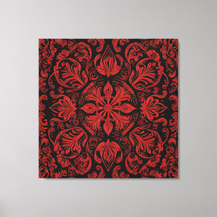 Een rood en zwart vierkant met florale design canvas afdruk