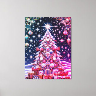Een rood-wit-blauwe kerstboom onder een donkere lu canvas afdruk