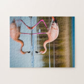 Een roze flamingo die zijn spiegelbeeld in het wat legpuzzel (Horizontaal)