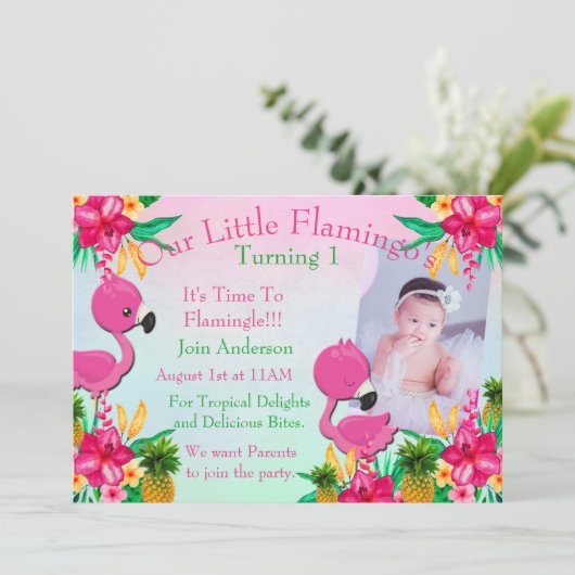 Een roze Flamingo Flamingling 1st bday Party nodig Kaart (Staand voorkant)