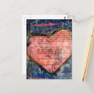 een roze hart op blauwe mixed media collage briefkaart