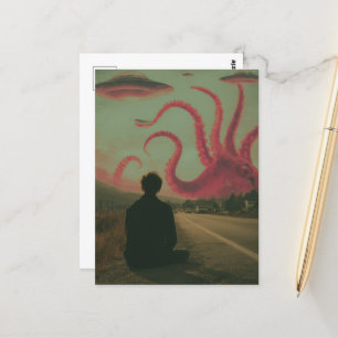 Een roze octopus en UFO's surrealistische AI-gegen Briefkaart