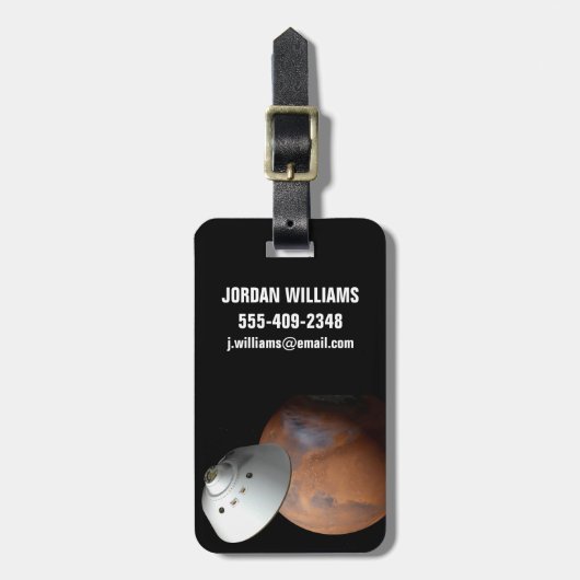 Een ruimteschip in aeroshell nadert Mars. Bagagelabel (Voorkant verticaal)