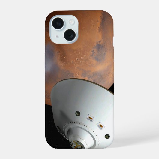 Een ruimteschip in aeroshell nadert Mars. iPhone 15 Hoesje (Achterkant)
