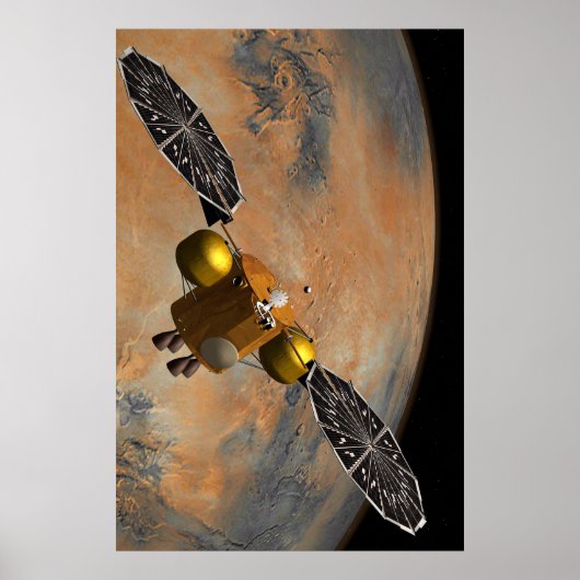 Een ruimteschip in een baan om Mars. Poster (Voorkant)
