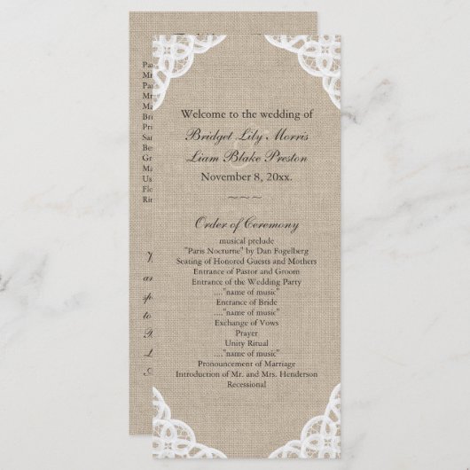 Een rustieke kant & Burlap bruiloft programma (Voorkant / Achterkant)