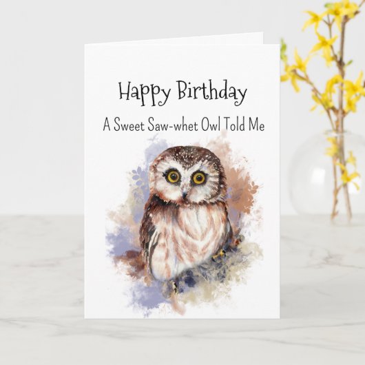 Een Saw Whet Uil persoonlijkheid Verjaardag Fun Bi Kaart (Gele Bloem)