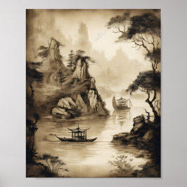 Een scène die een Chinees landschap en een boot af Poster