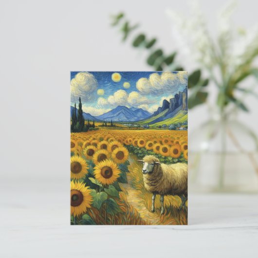 Een schaap in het Zonnebloemenveld Faux Van Gogh Briefkaart (Staand voorkant)